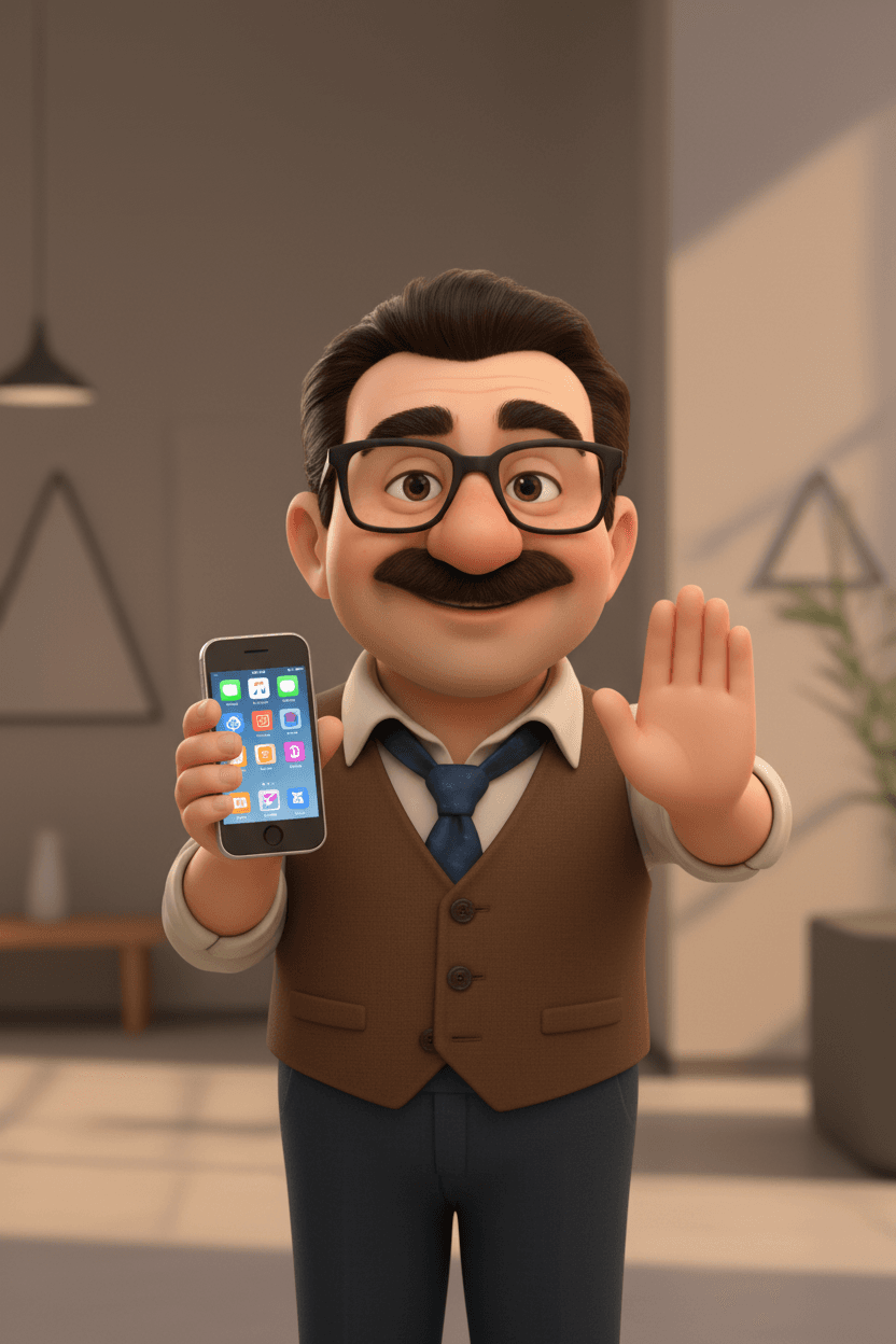 Illustration: Tod holds a smartphone displaying app thumbnails and makes a gentle stop gesture with his other hand.