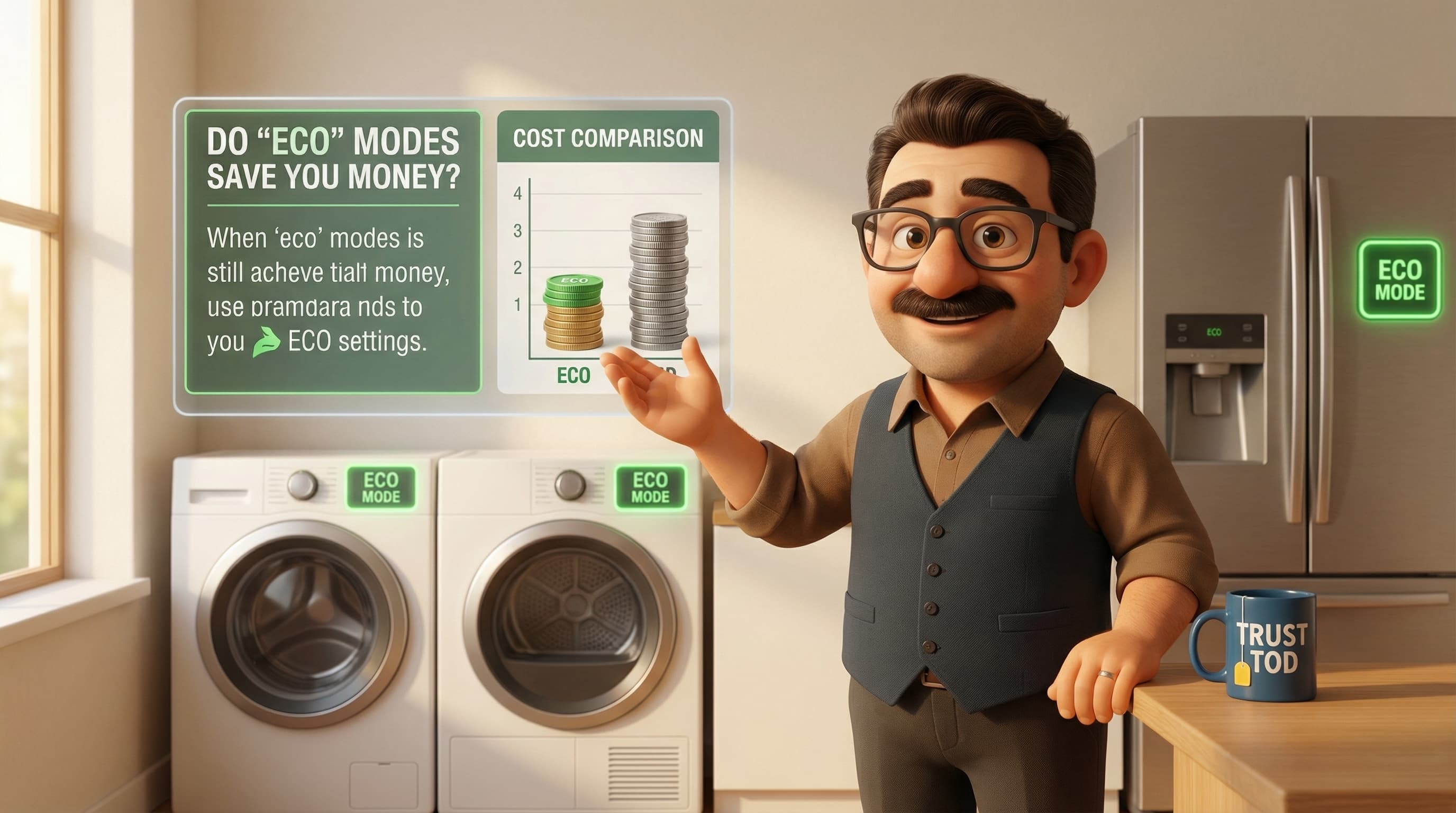 Illustration: Tod, a man with glasses and a mustache, gestures knowledgeably as if explaining energy settings in a modern, minimal room.