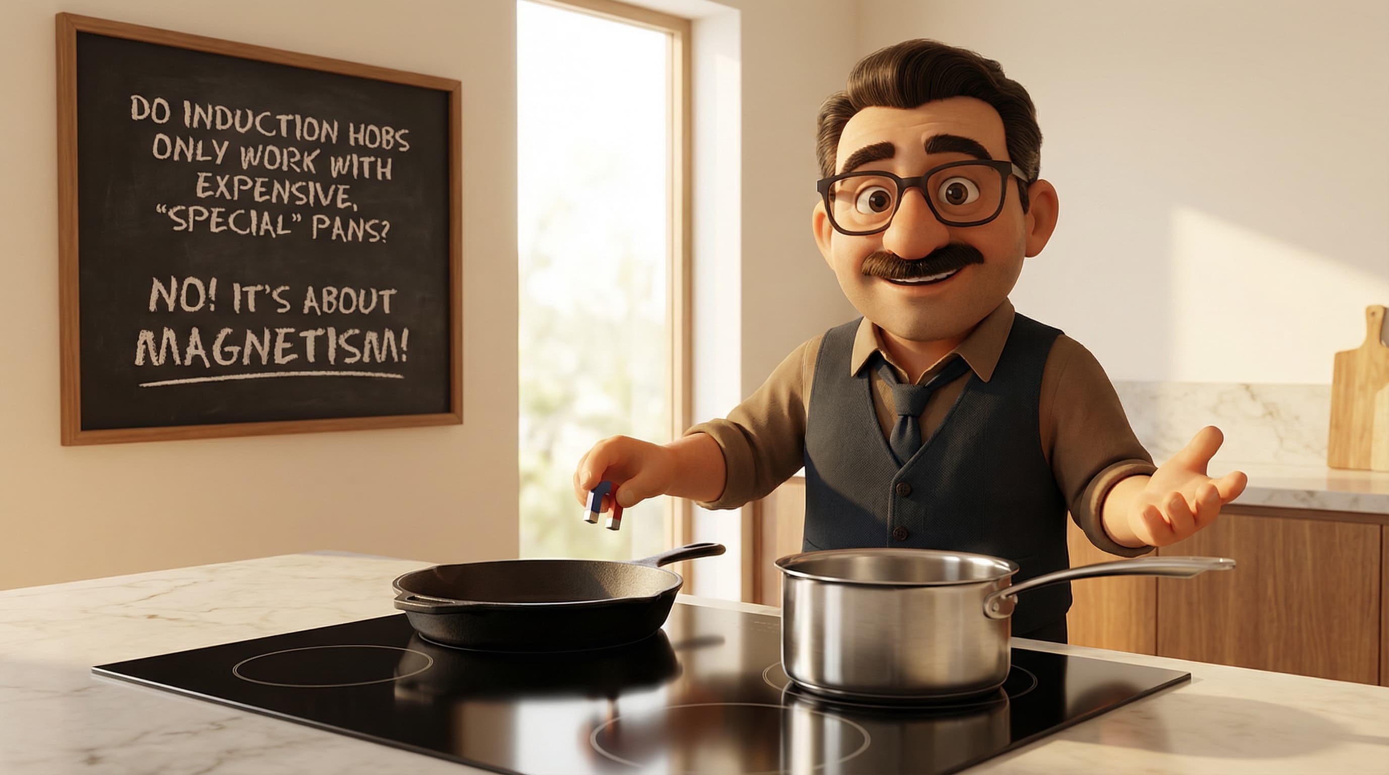 Illustration: Tod stands in a modern kitchen, smiling and gesturing towards a set of cookware on an induction hob to demonstrate compatibility.