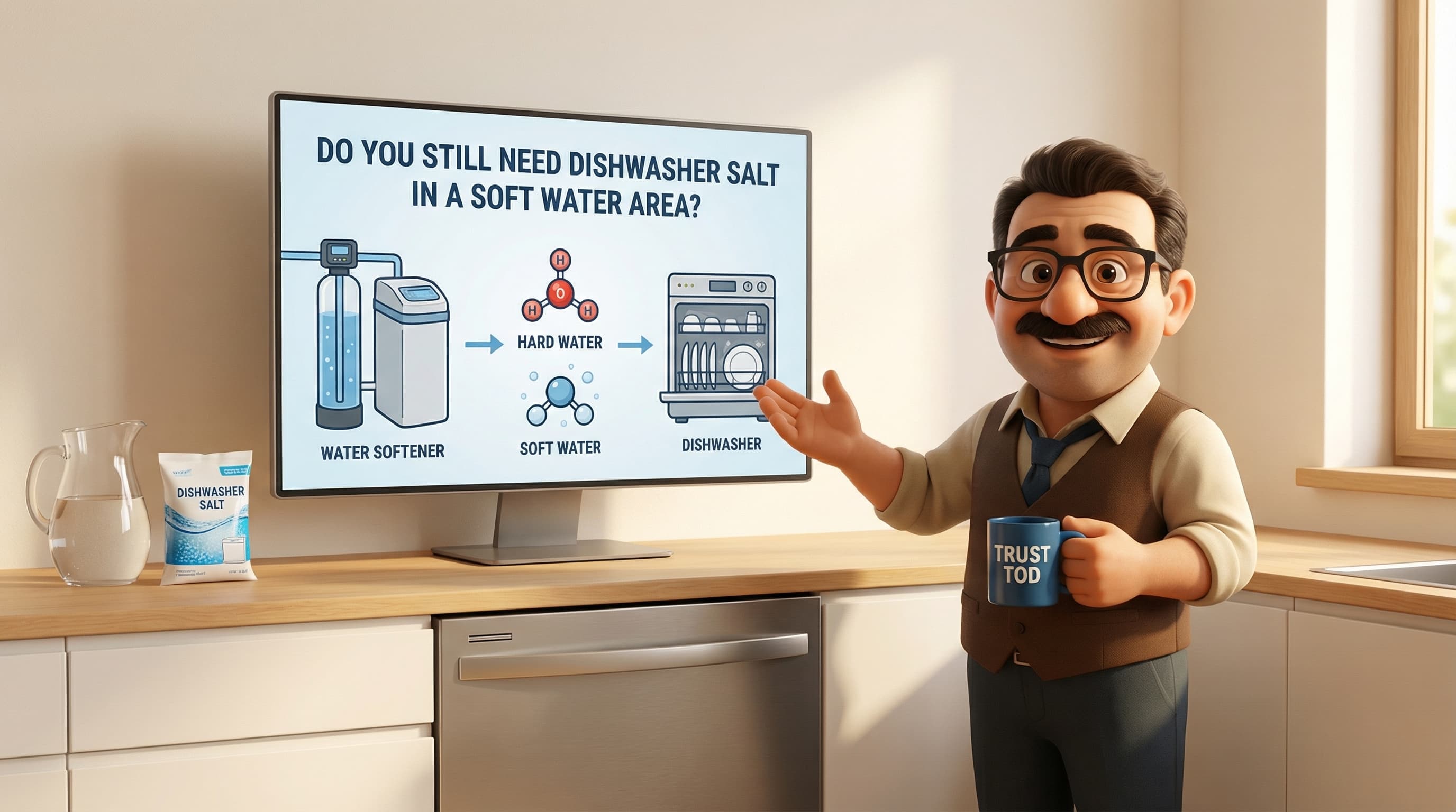 Illustration: Tod stands in a modern, minimal setting, gesturing with a warm, knowledgeable expression to explain the use of dishwasher salt.