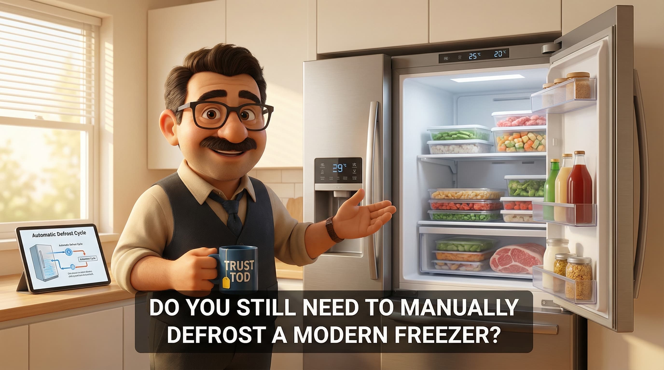 Illustration: Tod stands in a modern, minimal kitchen with a warm expression, gesturing towards a sleek, closed freezer to explain its features.
