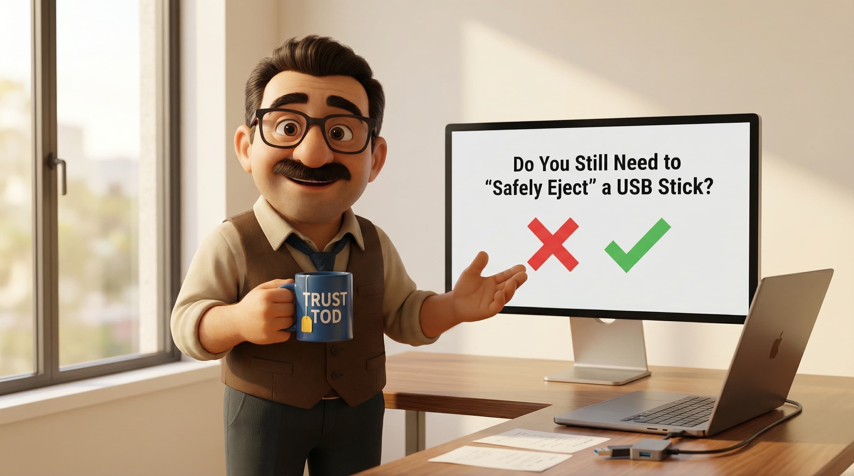 Illustration: Tod stands in a modern, minimal office, gesturing confidently as he explains a concept while holding a USB drive in one hand.