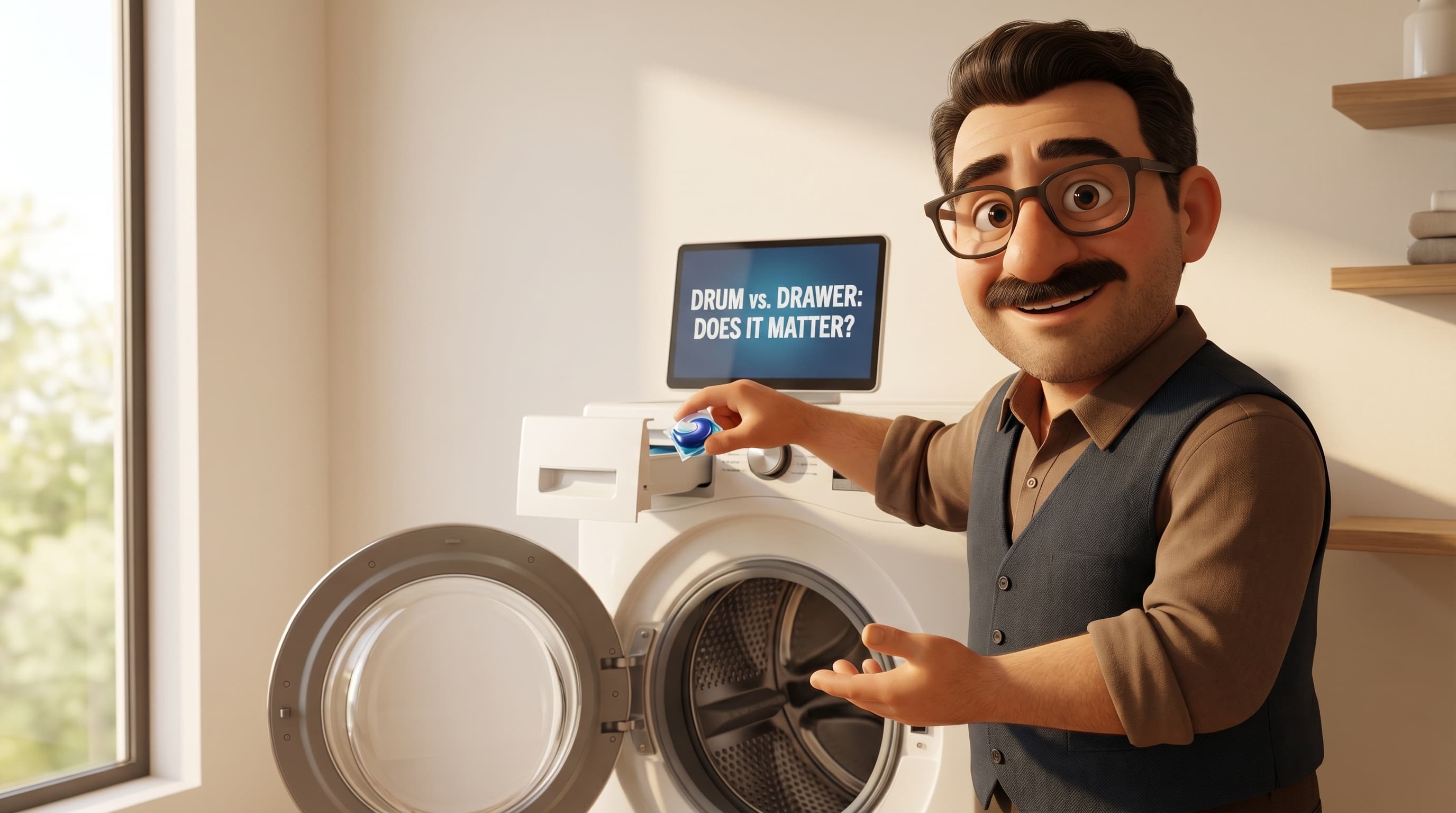 Illustration: Tod gesturing with a warm, knowledgeable expression in a modern, minimal setting to explain the proper placement of laundry washing pods.