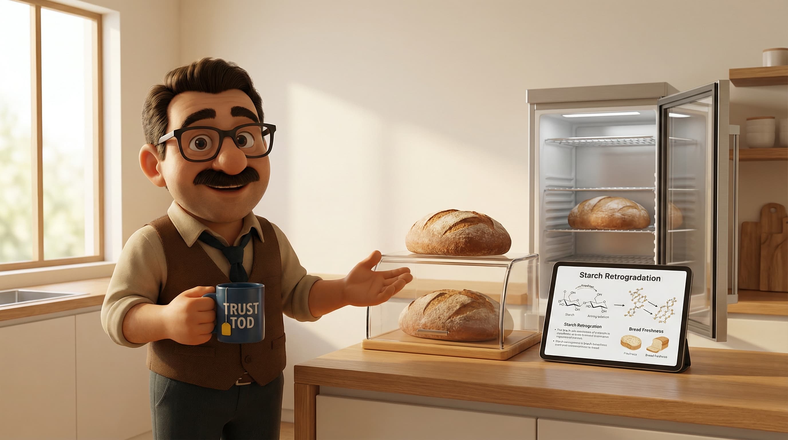 Illustration: Tod, a stylized 3D character with glasses and a mustache, gestures knowledgeably while standing next to a loaf of bread and a refrigerator in a modern kitchen setting.