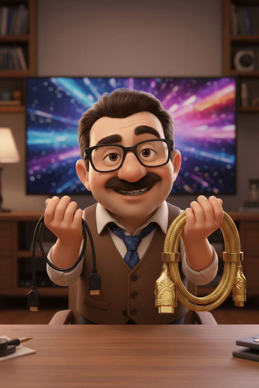 Illustration: Tod sits at a desk, holding up two HDMI cables – one simple, one elaborate with gold plating – with an amused expression. A monitor is in the background.