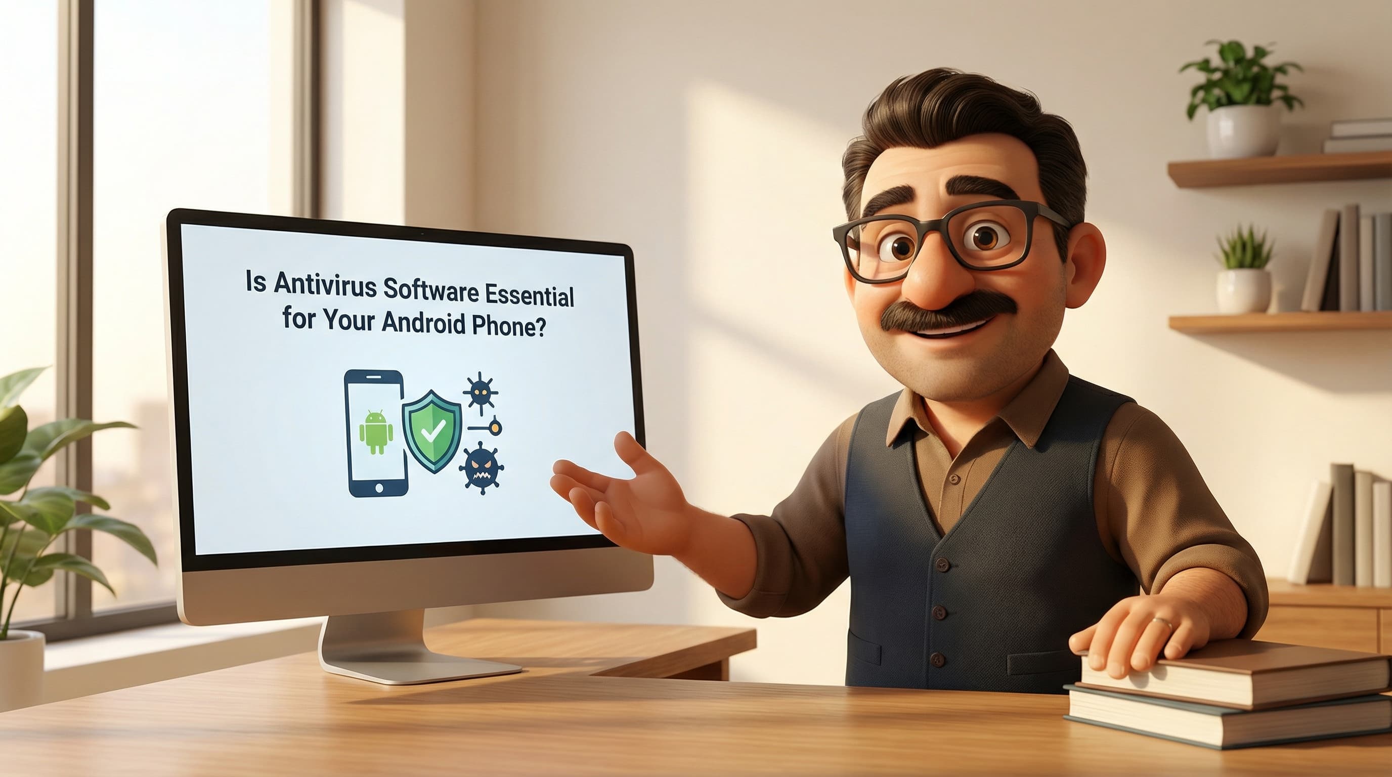 Illustration: Tod stands in a modern office, gesturing with a friendly, explanatory expression while discussing Android security. He wears his signature glasses, brown shirt, and dark vest in this Pixar-style scene.