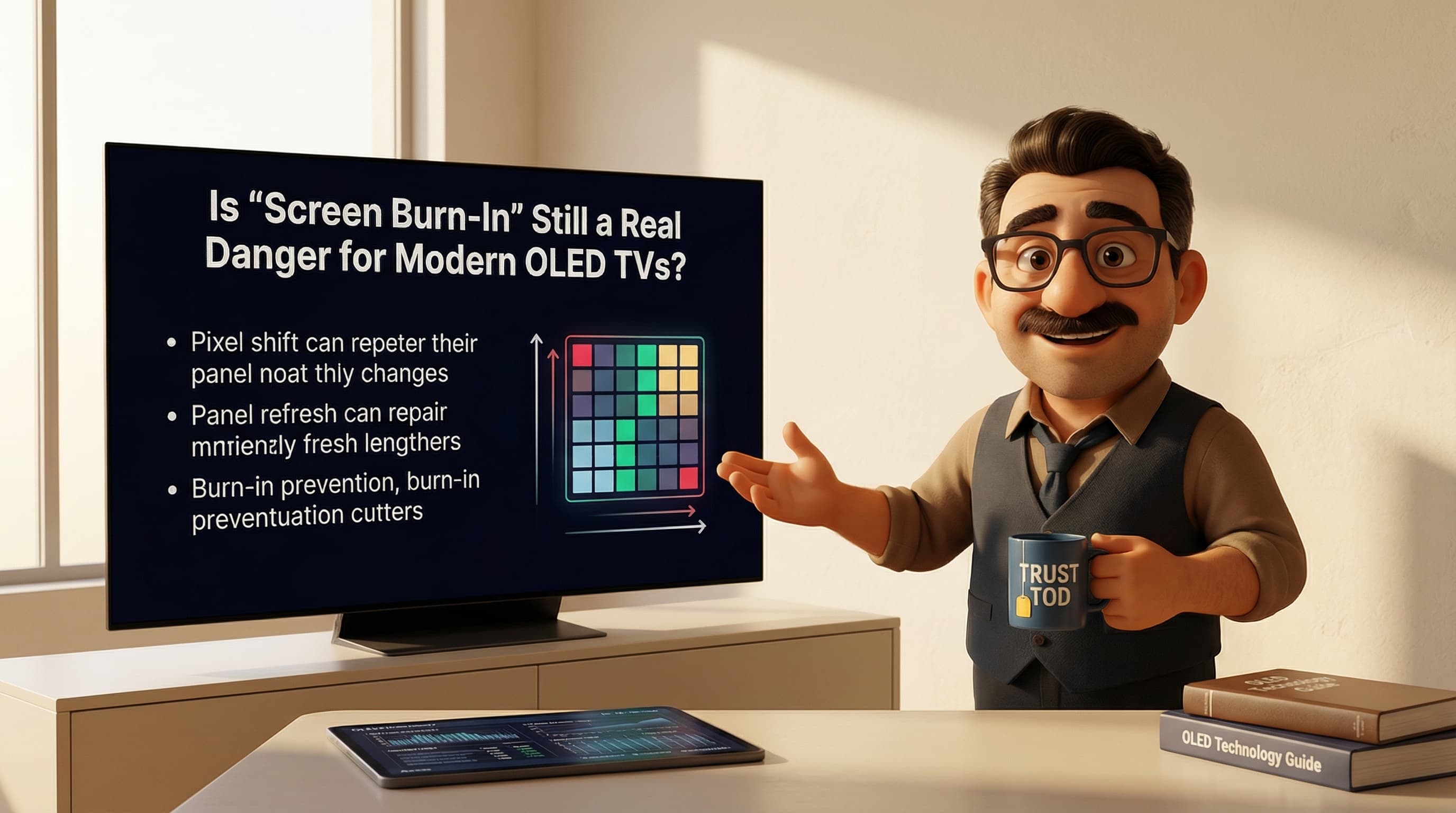 Illustration: Tod standing in a warmly lit, minimalist setting, making a knowledgeable explaining gesture next to a modern flat-screen TV.