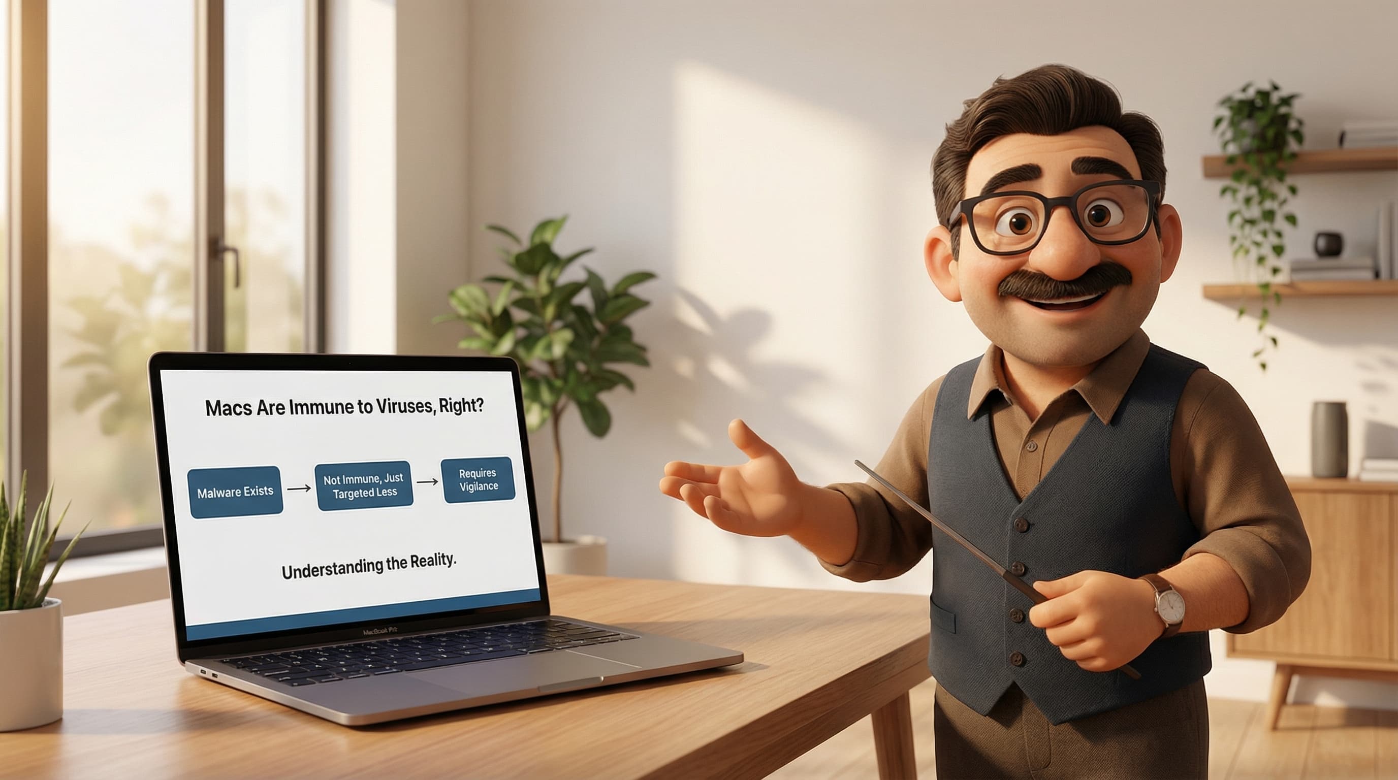 Illustration: Tod, a 3D-rendered man with glasses and a mustache, gestures knowledgeably in a warm, professional office setting as if explaining computer security.