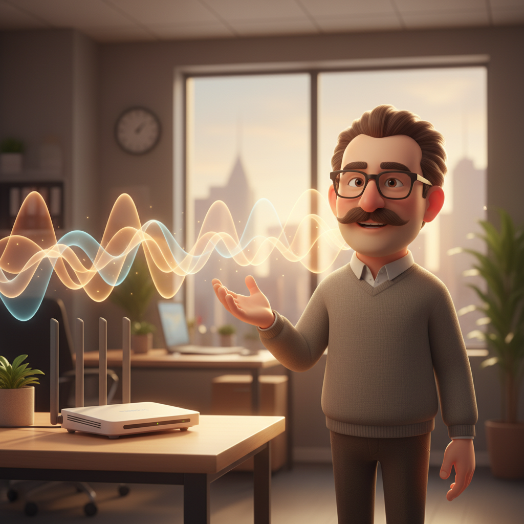 Illustration: Tod stands calmly next to a WiFi router, making a reassuring gesture. Gentle, wave-like WiFi signals are visible in the soft, warm light.