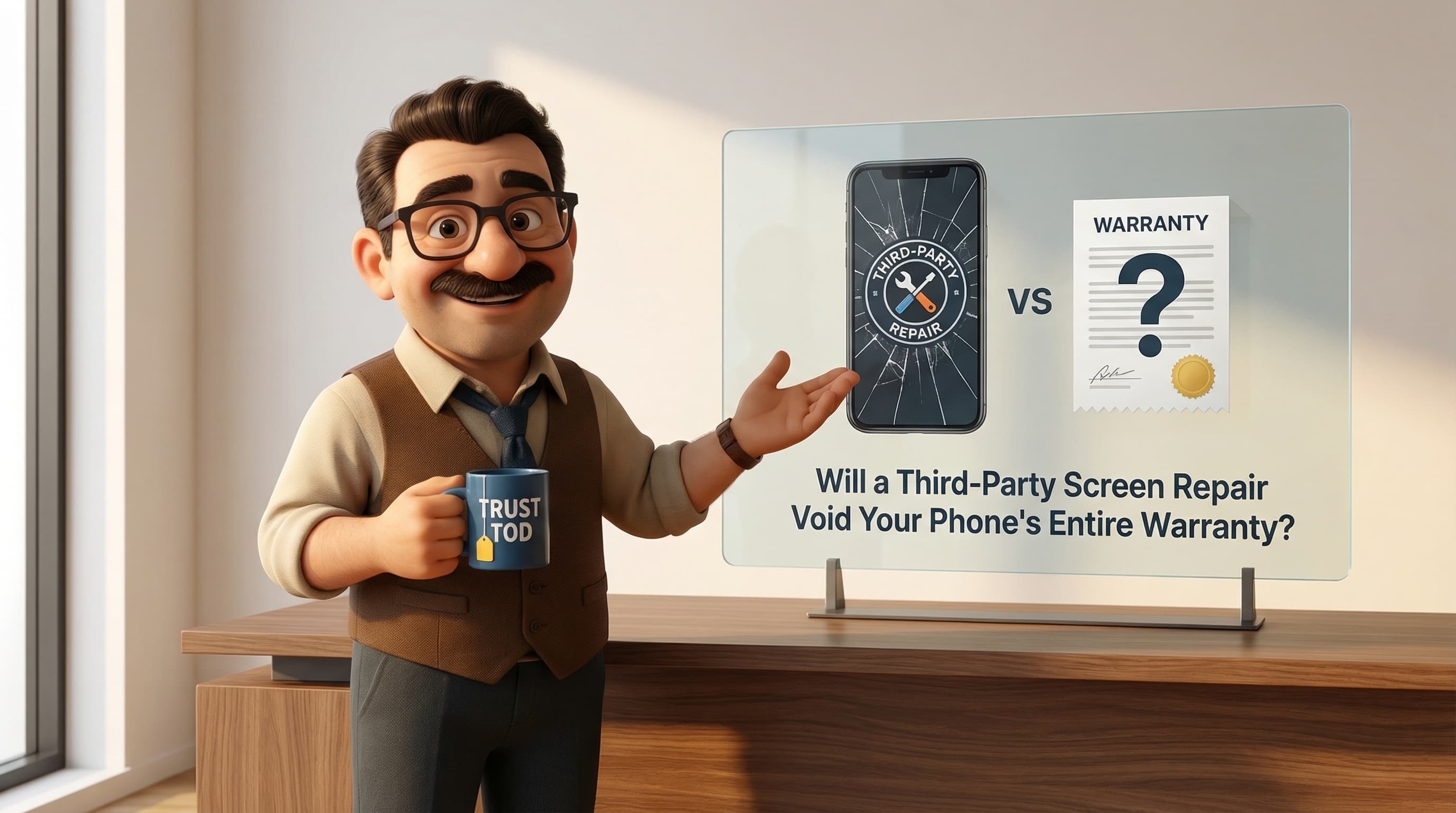 Illustration: Tod stands in a modern, minimal setting with a warm, knowledgeable expression, gesturing as he explains the nuances of phone warranties and third-party repairs.